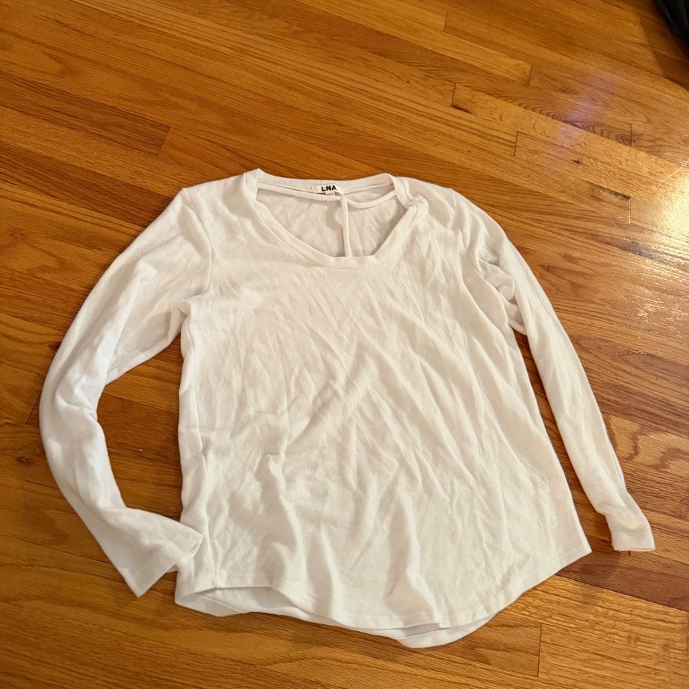 LNA Cutout V-Neck Long Sleeve T-Shirt Size Large White Rayon Blend Made in USA